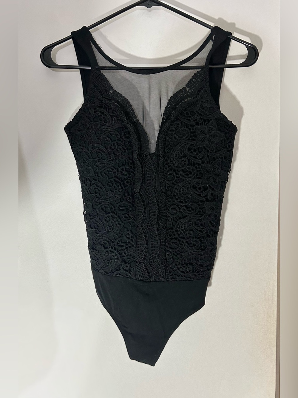 Lulu's Black Crochet Lace & Mesh Bodysuit, Women’s Small - Snap Closure